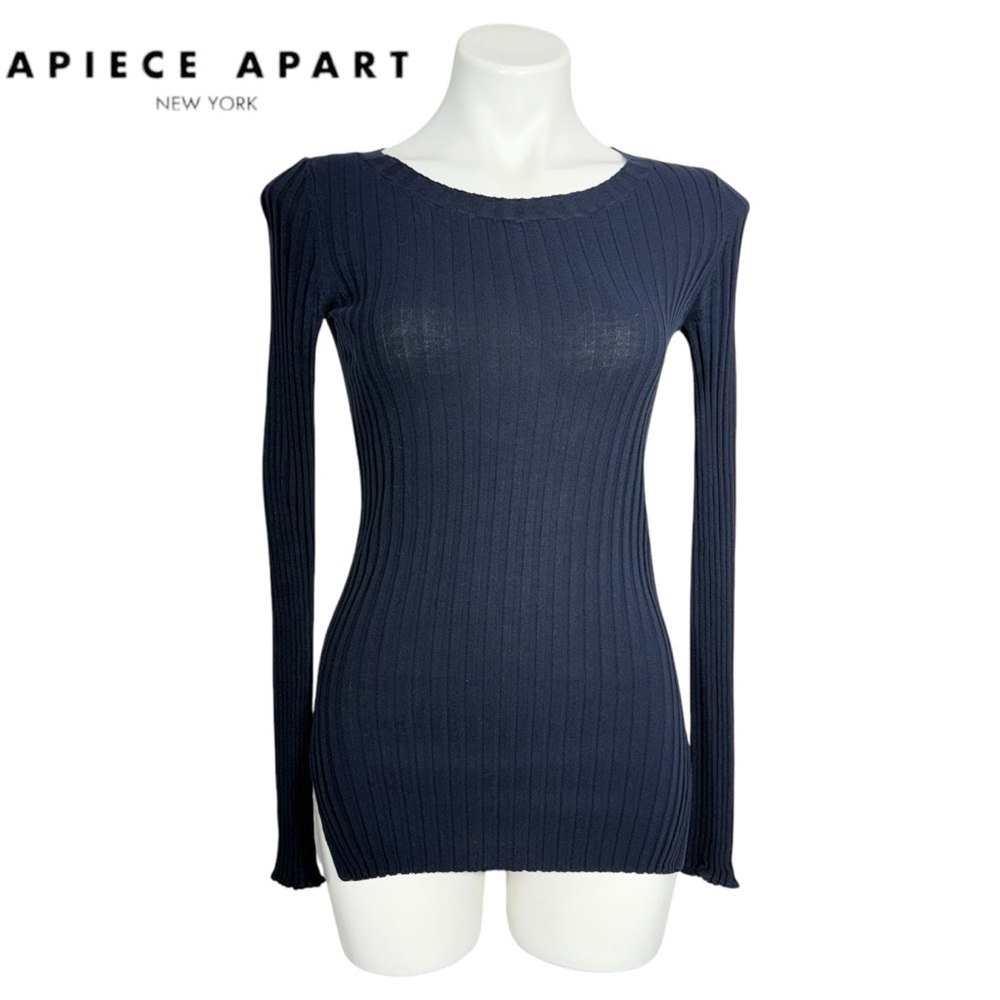 Apiece Apart Ribbed Long Sleeve Knit Sweater Top Side Slits Navy Blue XS Bodycon